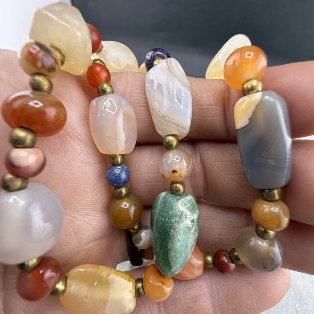 Vintage Beggers Beaded Necklace Polished Stone Flapper Opera 34